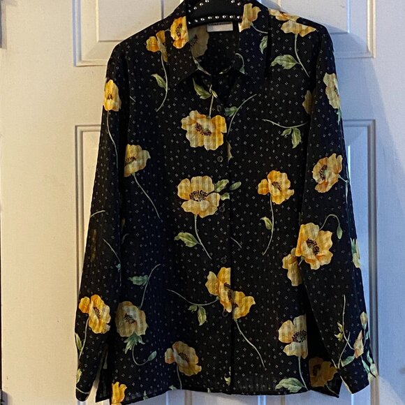 Alfred Dunner Sz 18 (XL) Blouse Button Up Short Sleeve Black Yellow Poppies - Picture 1 of 10